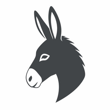 A graphic illustration of a donkey's head with perked up ears facing left.