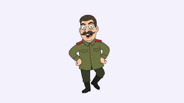 A humorously animated 2D cartoon character of Joseph Stalin in a green military tunic dancing against a clean white background. Suitable for educational satire, political commentary videos, and histor