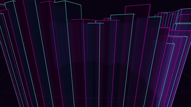 seamless loop of geometric structures and wireframe rings illuminated by vibrant cyan and magenta neon lights, creating a high-tech digital environment for sci-fi and tech projects.