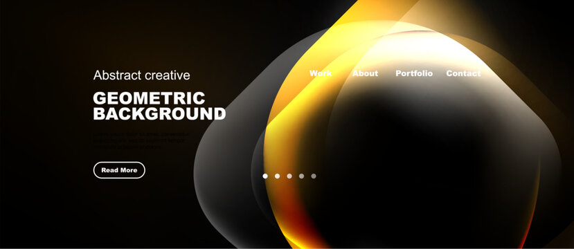 Dark background features abstract shapes, golden highlights. Text includes geometric background, navigation options, button. Modern design.
