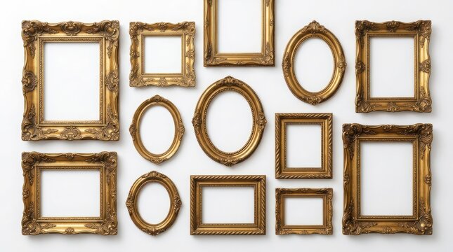 Set of empty vintage wooden picture frames of various shapes and sizes for gallery wall display