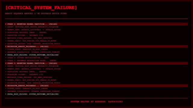 Critical Boot Failure Kernel Panic System Crash Error Animation.