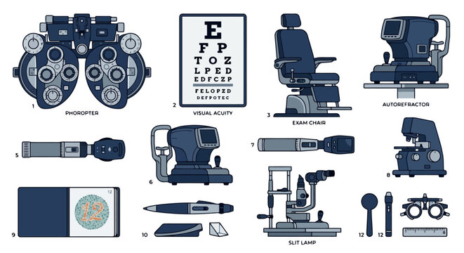 Set of various eye examination equipment and optical medical tools