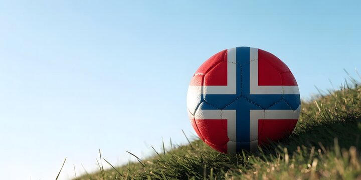 Soccer ball featuring norwegian flag art.