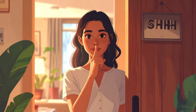Young Woman Making a Shushing Gesture in a Cozy Home Interior.