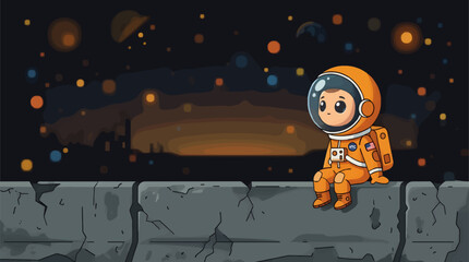 Cute Astronaut Sitting on Moon Surface Looking at Deep Space, Flat Vector Illustration of Small Character in Saffron Orange Spacesuit with Large Eyes, Cosmic Background with Glowing Stars and Planets © Budistudio