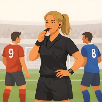 Professional Female Football Referee Officiating Men's Soccer Match on Stadium Field | Sports Leadership and Equality Concept