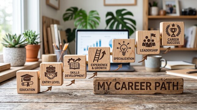 A structured wooden block career path progression on a desk, labeled with stages from education to success, symbolizing growth, learning, and professional advancement.