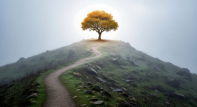 A single glowing tree standing on of a rocky hill at the end of a winding dirt path under a mysterious and thick foggy atmosphere