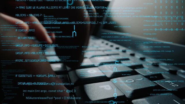 Close-up view of a hand typing on a keyboard, surrounded by digital code elements, illustrating the intersection of technology and human interaction in the digital realm. Xenic