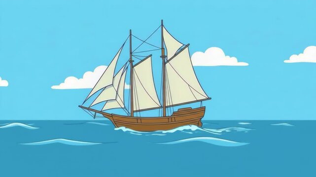 A classic brown wooden sailing ship with multiple white sails glides gracefully across rolling blue ocean waves against a sunny sky with fluffy clouds. This detailed 2D cartoon animation is perfect fo