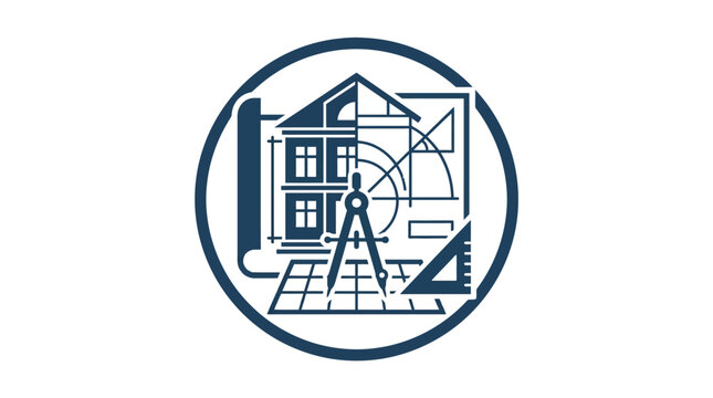 Architectural design logo featuring a house blueprint with drafting tools inside a circular frame.