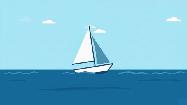A simple 2D cartoon sailboat with white and blue sails sways gently on deep blue ocean waves under a clear sky with soft white clouds. This flat vector-style animation is ideal for travel concepts, ma