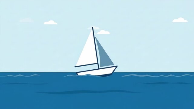A simple 2D cartoon sailboat with white and blue sails sways gently on deep blue ocean waves under a clear sky with soft white clouds. This flat vector-style animation is ideal for travel concepts, ma