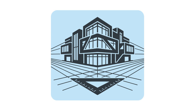 Architectural blueprint illustration featuring a modern building structure with perspective lines and a drafting triangle.