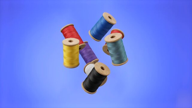 A high-quality 3D illustration of various colorful sewing thread spools floating at different angles, set against a solid blue backdrop. Perfect for handicraft blog graphics, e-commerce textile supply