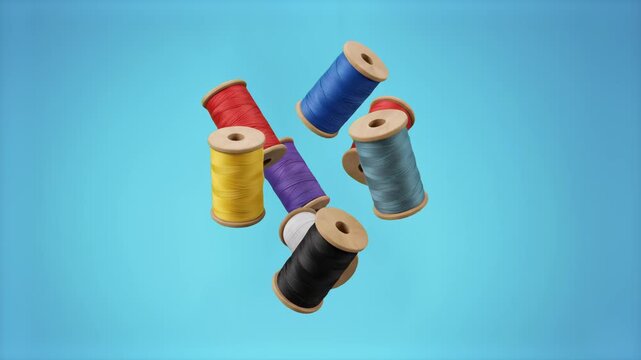 A dynamic cluster of vibrant, colorful wooden sewing thread spools floating in mid-air. Set against a clean blue studio backdrop, this high-quality craft asset features red, blue, yellow, purple, cyan