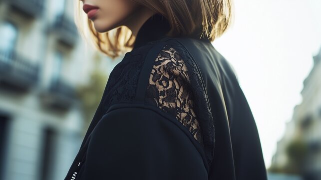 Street style photo of a woman wearing a black bomber jacket with lace sleeves