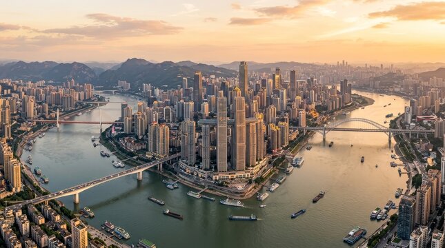 China - Bird Eye View of Chongqing Mountain City Panorama