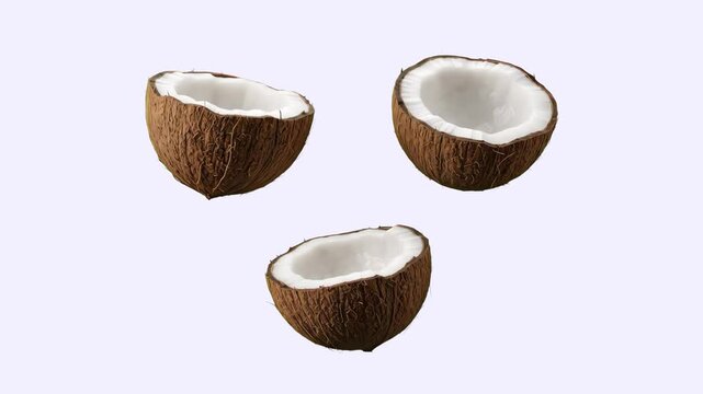 A clean 3D render of three cracked open coconut halves with detailed hairy brown shells and pure white meat, levitating or falling mid-air against a solid white backdrop. Ideal for tropical food packa