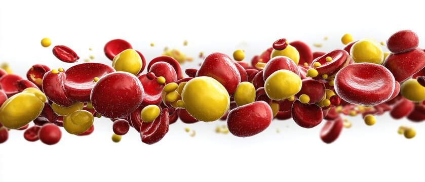 3D realistic photo flying red trombocytes and yellow cholesterol on a white background