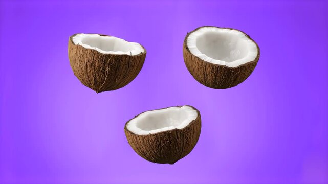 3D animated halved coconuts falling and rotating seamlessly against a vibrant purple background. Perfect for summer beverage ads, tropical food promos, exotic fruit commercials, and motion graphic ove