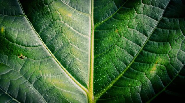 Detailed closeup of a vibrant green leaf with intricate vein patterns and tiny water droplets, showing natural texture and organic beauty, perfect for nature and eco-friendly concepts