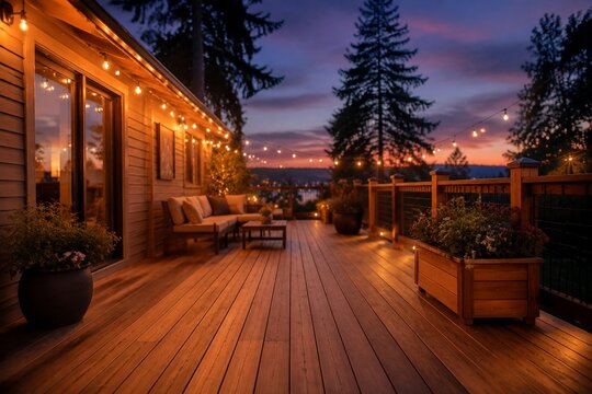 A cedar deck illuminated by warm string lights at dusk, creating a cozy twilight ambiance.