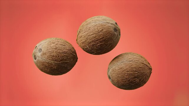 A vibrant 3D animation of several whole brown coconuts tumbling dynamically through space. Sourced against a solid red studio backdrop, this high-contrast food asset is perfect for modern culinary mar