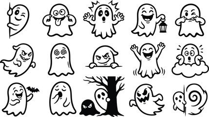 Fototapeta premium Assorted halloween ghost illustration set with various cute and spooky poses halloween character