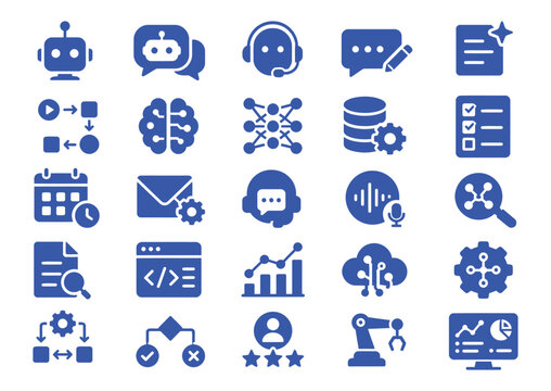 Set of blue minimalist technology and artificial intelligence icons for digital interface design and software development projects on white background