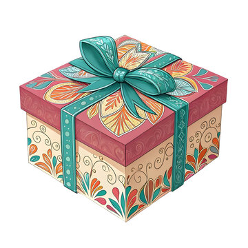 Ornate gift box tied with a teal ribbon during a celebration