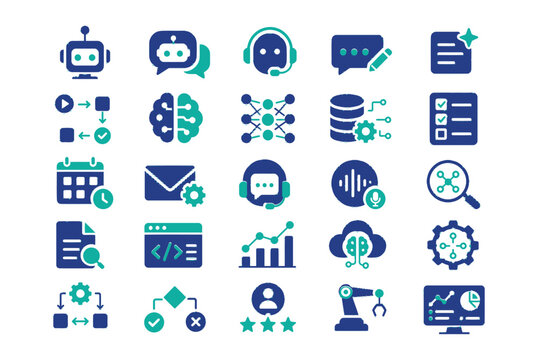 Set of twenty five flat vector icons representing artificial intelligence automation and advanced digital technology solutions for modern web development