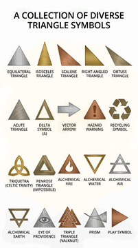 Collection of Diverse Triangle Symbols and Geometric Shapes, Including Mathematical, Alchemical, and Mystical Icons, Flat Vector Illustration with Textured Appearance