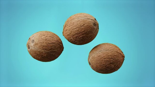 A vibrant 3D rendering of three whole hairy brown coconuts floating in mid-air against a solid cyan light blue background. Excellent for tropical fruit promotions, summer drink ads, and exotic food de