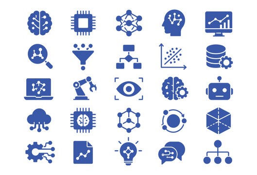 Set of flat blue icons representing artificial intelligence machine learning and advanced data analytics concepts for digital technology projects