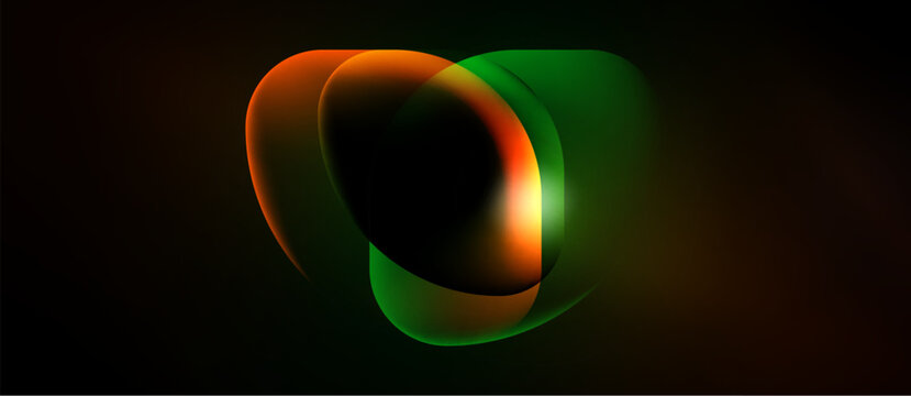 Abstract design features overlapping orange, green shapes. Dark background emphasizes vibrant color gradients, creating dynamic visual effect.