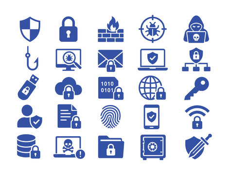 Set of blue cybersecurity and data protection flat vector icons featuring digital safety symbols for network infrastructure with concepts related cybersecurity