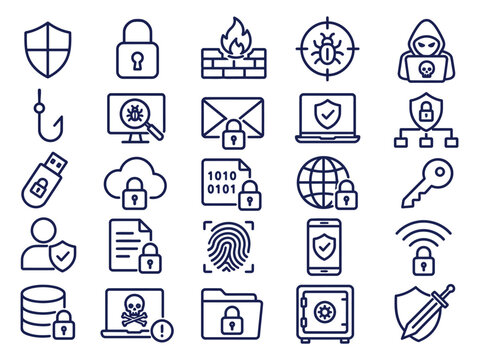 Set of cybersecurity and data protection icons featuring digital safety symbols for network security and privacy concepts in minimalist line art style