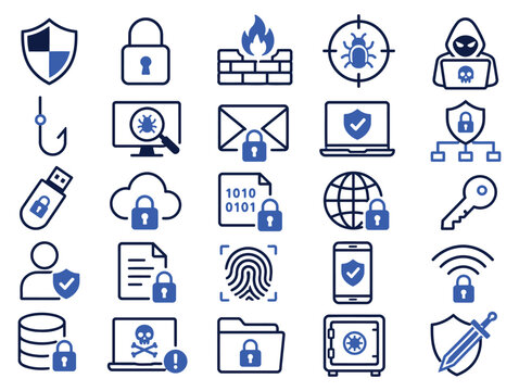 Comprehensive set of cybersecurity and network protection icons featuring digital security symbols and threat detection elements with minimalist icons