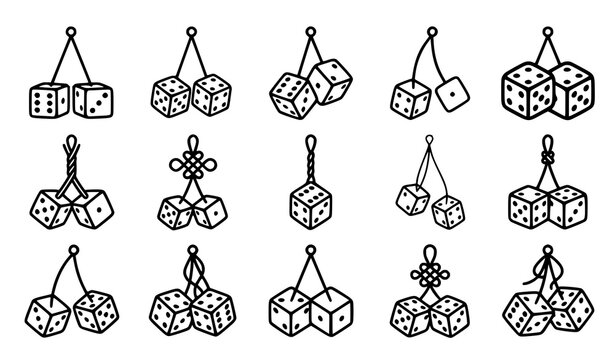 Collection of fuzzy dice outline icons hanging by strings and knots with car mirror charm vector line design elements