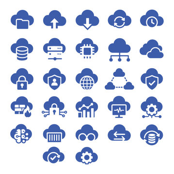 Set of blue cloud computing and digital network infrastructure vector icons for web development and professional software user interface applications