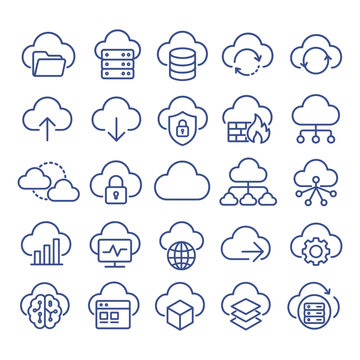 Comprehensive set of minimalist cloud computing and network infrastructure icons illustrating modern data management with networking digital infrastructure