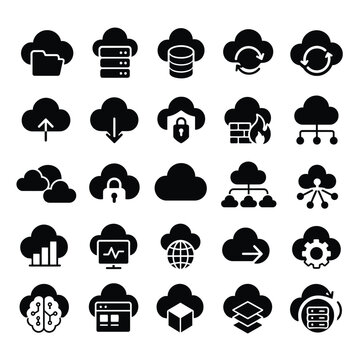 Comprehensive set of black cloud computing and network infrastructure icons for digital interface design and system architecture visualization projects