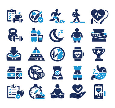 Set of twenty five blue and dark blue fitness and healthy lifestyle vector icons representing diet exercise wellness nutrition