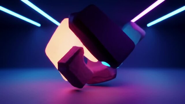 Abstract glowing amorphous shape in neon-lit futuristic room, pulsating light, geometric forms