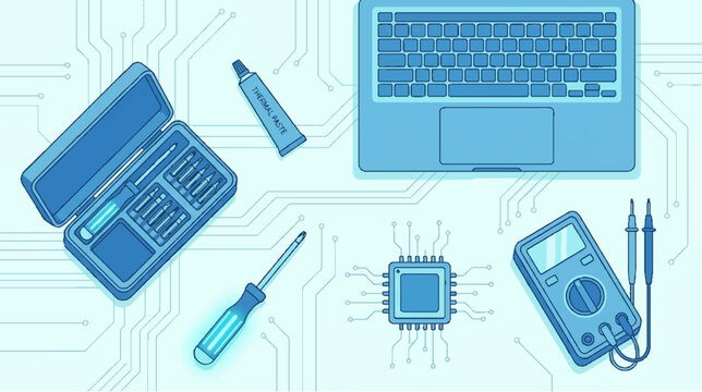 Computer Repair Tools and Components: Laptop, CPU, Screwdriver, Multimeter, Kit