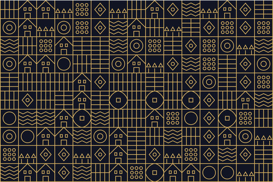 Monochromatic geometric pattern of circles, diamonds, and symbolic characters on black background