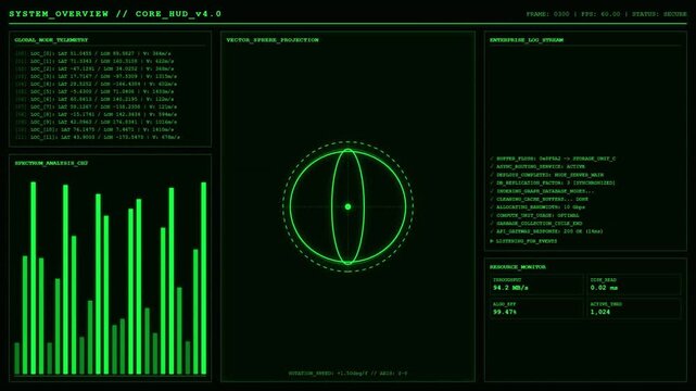 Enterprise System Overview HUD 3D Vector Sphere Telemetry Animation.