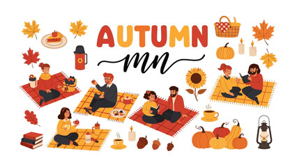 Fototapeta premium Autumn Picnic Gathering: A vibrant illustration depicts various individuals enjoying a cozy autumn picnic amidst colorful fall foliage, pumpkins, and warm beverages.